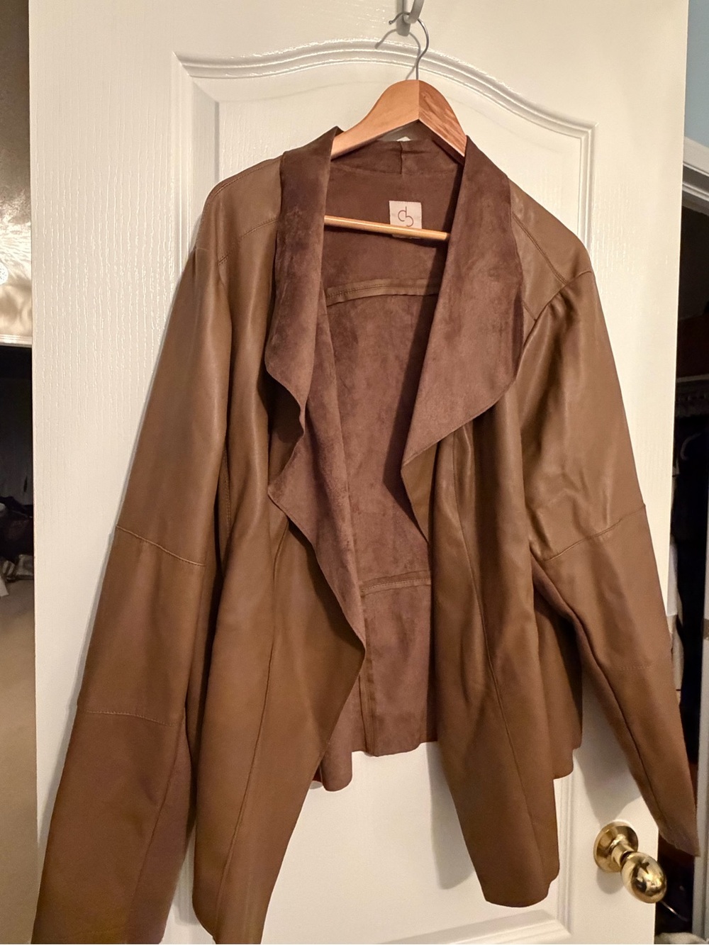 Dress Barn Taupe Brown Open-Front Faux Leather Jacket with Knit on Arms